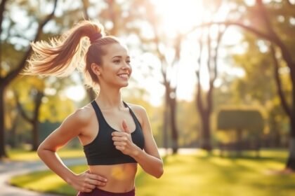 Fiatal nő fut edzés közben a természetben, napfényben mosolyogva.