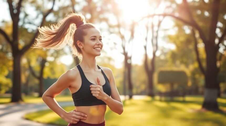 Fiatal nő fut edzés közben a természetben, napfényben mosolyogva.