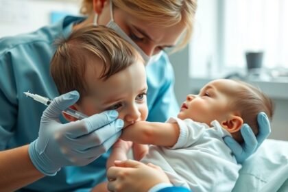 Gyermek oltása orvosi rendelőben, baba első vakcinájának beadása.