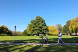 Baba sétáltatása babakocsival parkban egy férfi által.