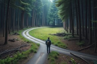 Egy férfi áll az erdőben, két út elágazásánál, elgondolkodva az irányválasztáson.