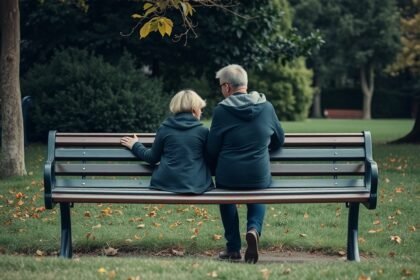 Idős pár beszélget a parkban ülve, gyermektelenség téma