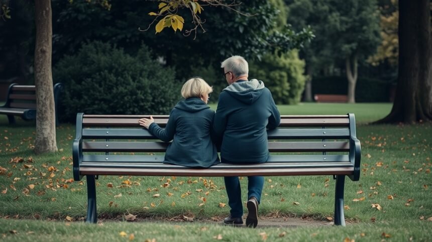 Idős pár beszélget a parkban ülve, gyermektelenség téma