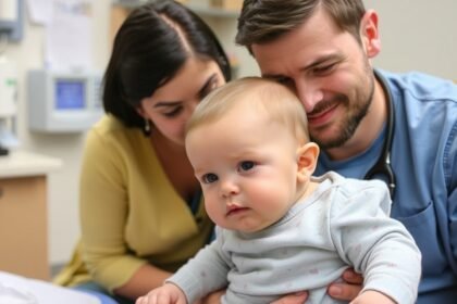 Baba orvosi vizsgálat alatt szüleivel, allergiás reakciók felismerése