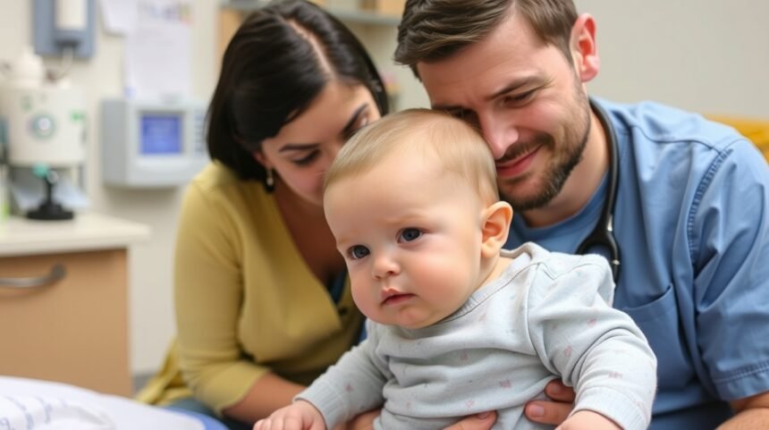 Baba orvosi vizsgálat alatt szüleivel, allergiás reakciók felismerése