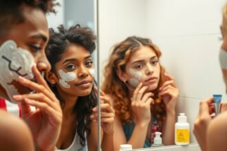 Tini lányok bőrápolási rutinja a tükör előtt, maszkokkal az arcon.