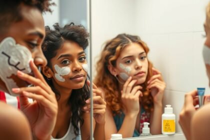 Tini lányok bőrápolási rutinja a tükör előtt, maszkokkal az arcon.