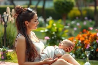 Anyuka és babája relaxál a zöldben, virágok között.