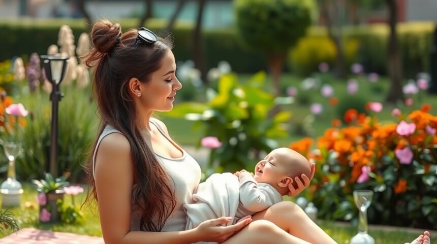 Anyuka és babája relaxál a zöldben, virágok között.