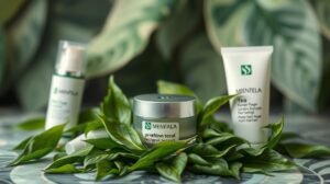 Zöld tea alapú bőrápoló termékek és levél háttér