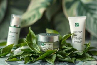 Zöld tea alapú bőrápoló termékek és levél háttér