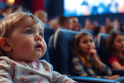 Baba élvezi első moziélményét a családi szórakozás keretében.