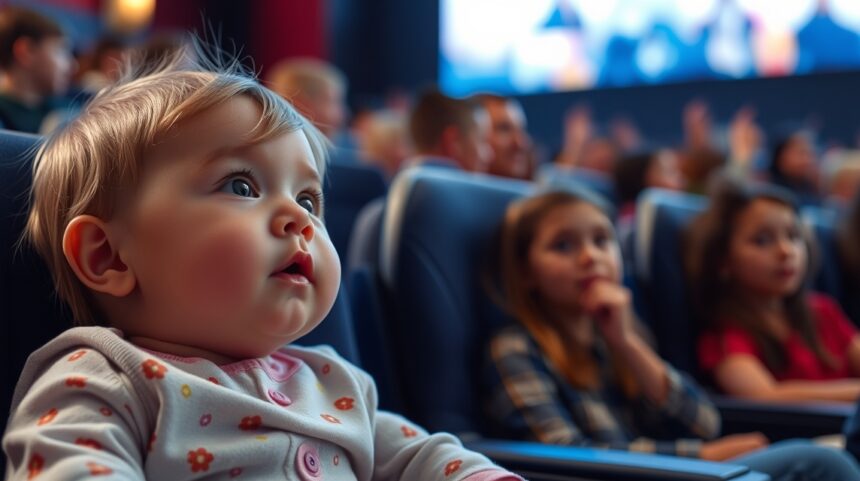 Az első mozi- vagy színházi élmény a babának: lehetséges? 1 Baba élvezi első moziélményét a családi szórakozás keretében.