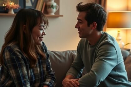 Két ember beszélget a kanapén, érzelmi kapcsolatban.