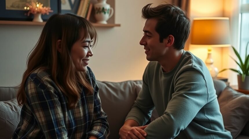 Két ember beszélget a kanapén, érzelmi kapcsolatban.