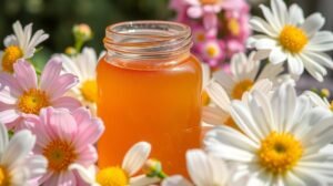 Nyers méz üveg virágok között, egészségügyi előnyökkel