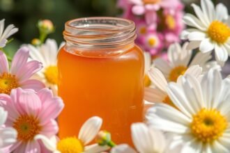 Nyers méz üveg virágok között, egészségügyi előnyökkel