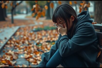 Egy fiatal nő ül egy padon, szomorúan, levelek között.