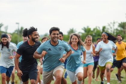 Csoportos fiatalok futnak a szabadban, energikus sportos tevékenység.