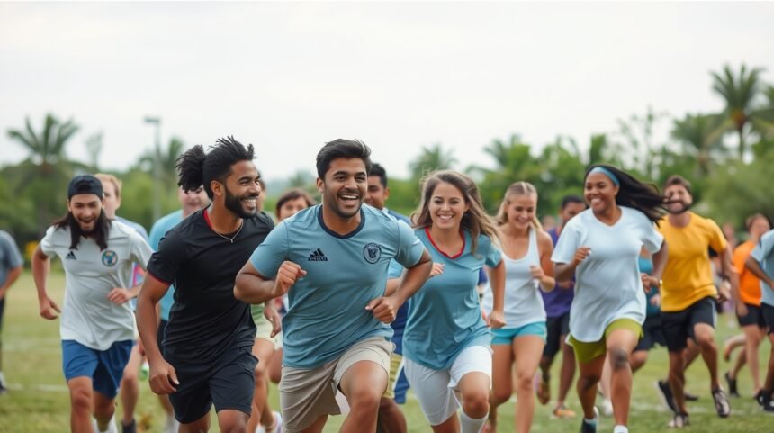 Csoportos fiatalok futnak a szabadban, energikus sportos tevékenység.