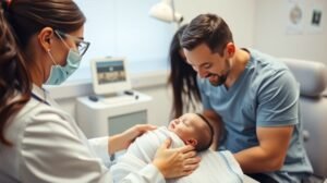 womensway 130 Baba egészségügyi vizit során szülőkkel és orvossal.