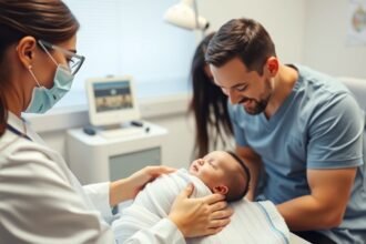 Baba egészségügyi vizit során szülőkkel és orvossal.