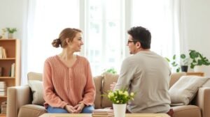womensway 139 Egy pár beszélget egy otthonos szobában, egészséges kapcsolatról diskurálva.