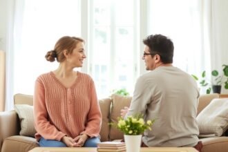 Egy pár beszélget egy otthonos szobában, egészséges kapcsolatról diskurálva.