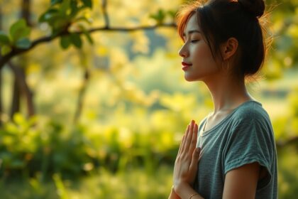 Egy fiatal nő mély légzéssel meditál a természetben.