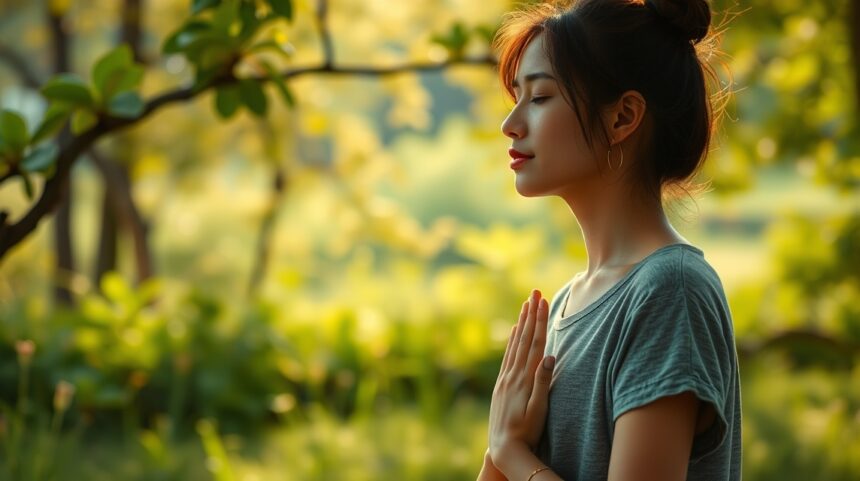 A mély légzés hatása a szorongás enyhítésére 1 Egy fiatal nő mély légzéssel meditál a természetben.