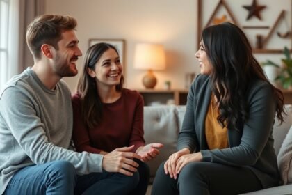 Két nő és egy férfi beszélgetnek barátságos környezetben.