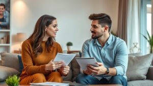 womensway 135 Egy házaspár pénzügyi megbeszélés közben otthoni környezetben.