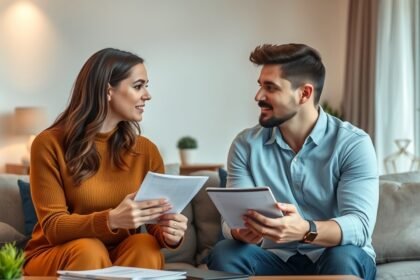 Egy házaspár pénzügyi megbeszélés közben otthoni környezetben.