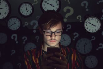 Fiatal férfi okostelefonon válaszra vár, órák és kérdőjelek között.