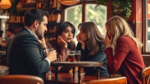 womensway 137 Párbeszéd egy kávézóban, ahol négy barát pletykál.