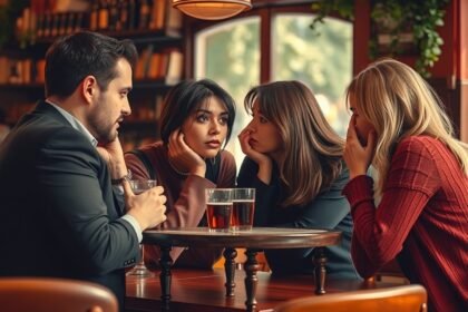 Párbeszéd egy kávézóban, ahol négy barát pletykál.