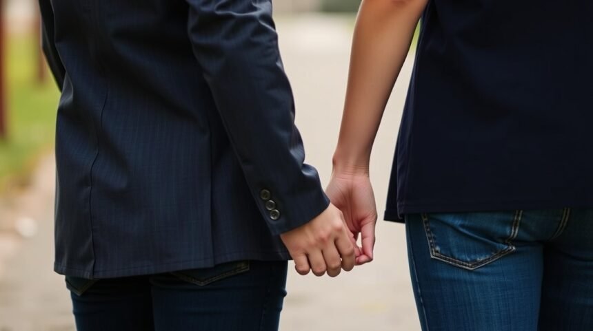 Két ember kézen fogva a parkban, barátság és érzelmi kapcsolatok.