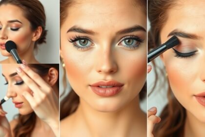 Természetes smink lépései: alapozás, szemöldök formázás és ajak színezés.