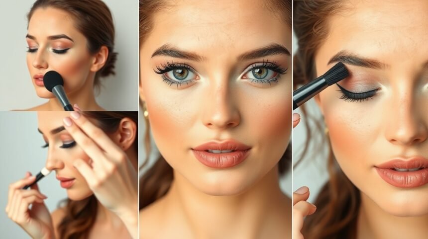 Természetes smink lépései: alapozás, szemöldök formázás és ajak színezés.