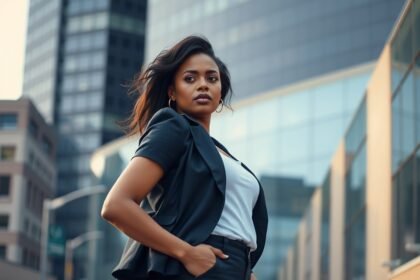 Önbizalommal rendelkező nő a városi környezetben