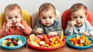 Három kisbaba különféle egészséges ételeket fogyasztanak.