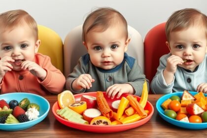 Három kisbaba különféle egészséges ételeket fogyasztanak.