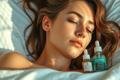 Egy fiatal nő alszik az ágyban, arcbőrének regenerálásához használt arcápoló olajokkal.