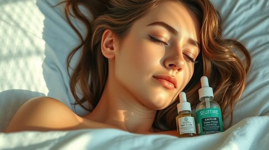 Egy fiatal nő alszik az ágyban, arcbőrének regenerálásához használt arcápoló olajokkal.