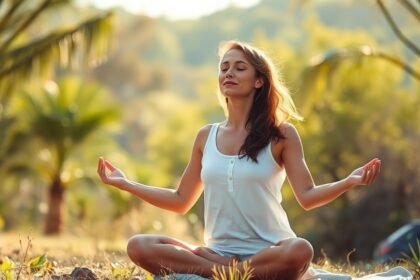 Nő meditál a természetben, stresszkezelés és energia növelés.