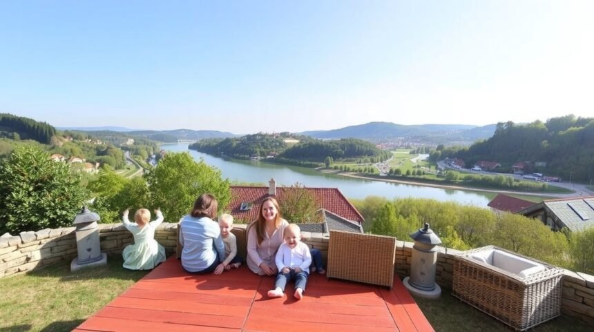 Családi nyaralás kisbabával a gyönyörű tájban.