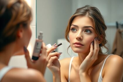 Fiatal nő smink előtt a tükörben, bőrápolási termékekkel a kezében.