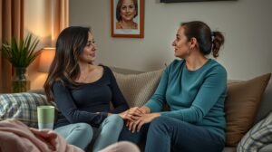 Két nő beszélget egy kanapén, kifejező arckifejezésekkel.