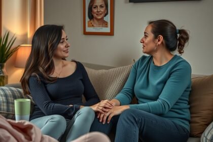 Két nő beszélget egy kanapén, kifejező arckifejezésekkel.