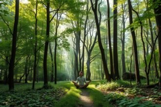 Meditáló személy egy zöld erdőben, természet közelségében